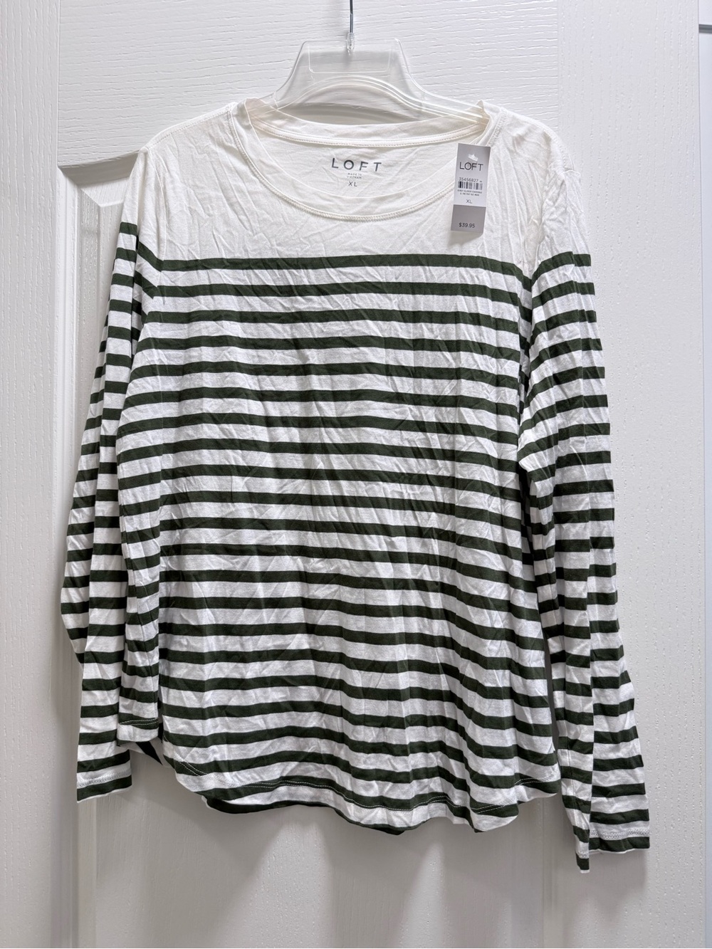 NWT LOFT White and Dark Green Striped Scoop Neck Top